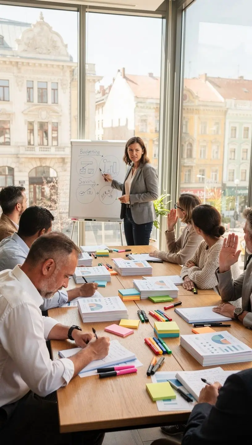 Résztvevők figyelnek egy offline pénzügyi workshop előadásán, jegyzeteket készítve.