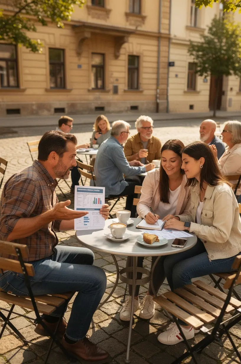 Exkluzív, nyomtatható pénzügyi útmutatók kézzel fogható példányai egy asztalon.
